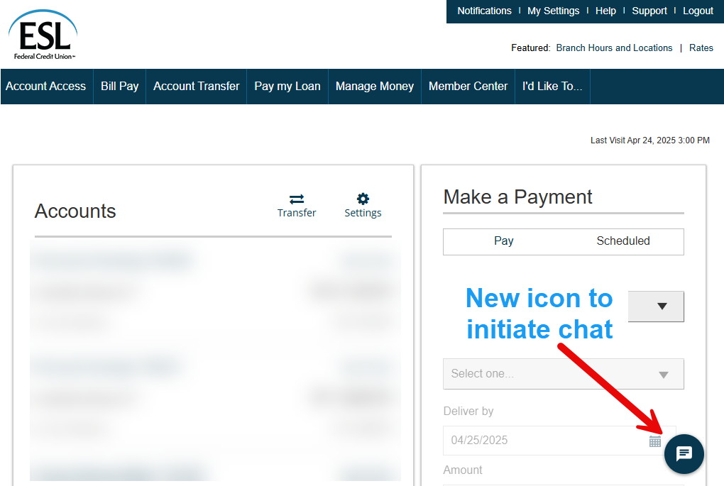 Screen of of new live chat icon in bottom right corner of personal online banking