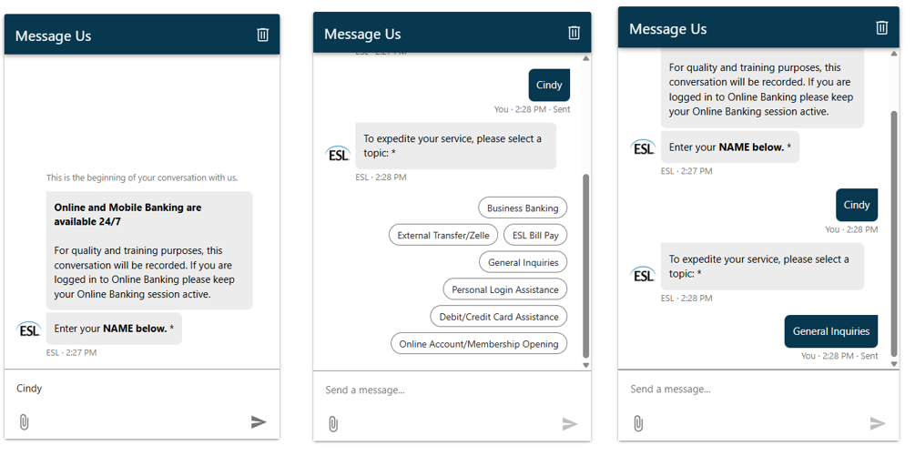 New ESL Live Chat Banking screen shot examples