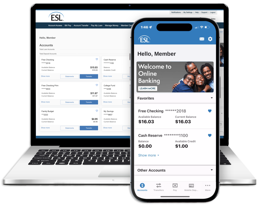 Laptop and mobile devices with ESL online banking displayed on the screens