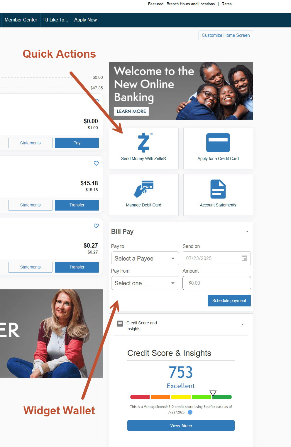 Screen shot of the Account Access page highlighting the Quick Actions and Widget Wallet features