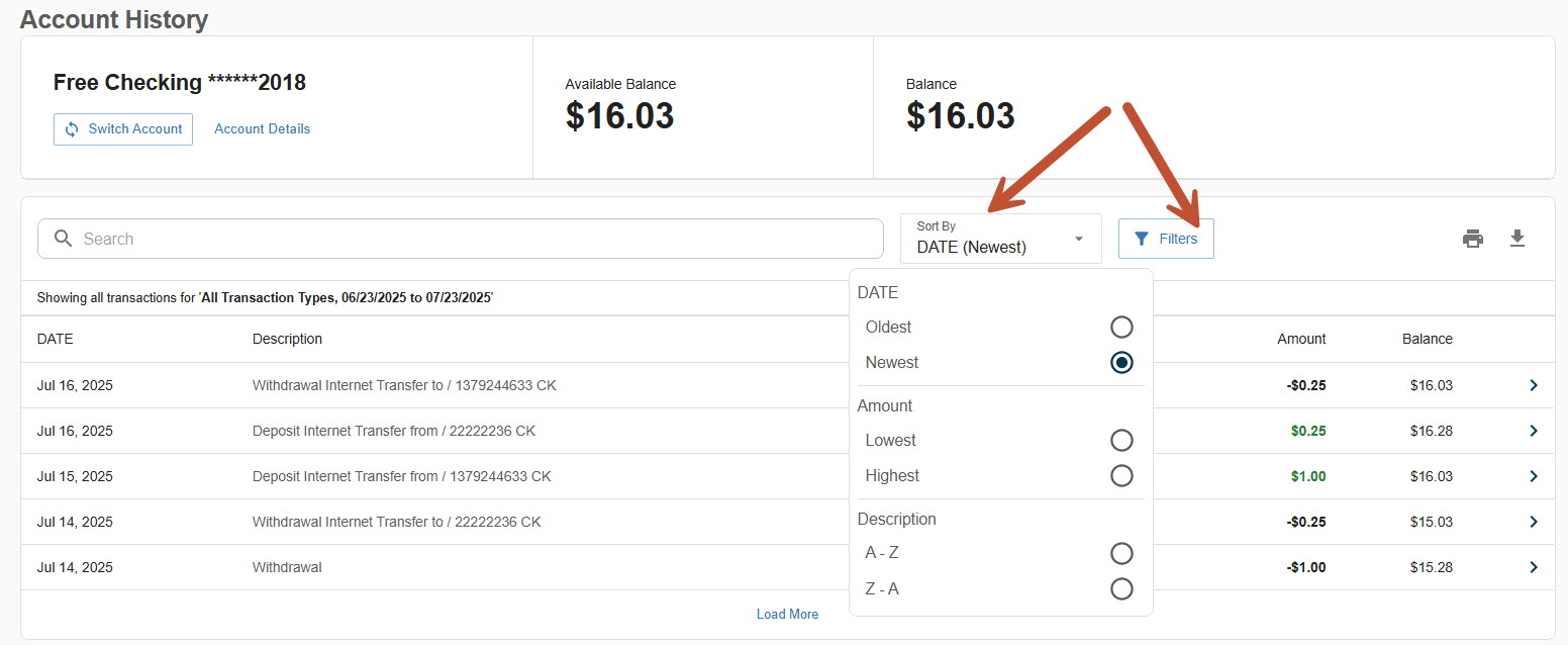 Screen shot illustrating the new sort and filter options on the Account History page