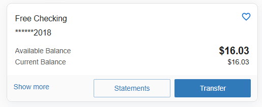 screen shot detail of a checking account tile