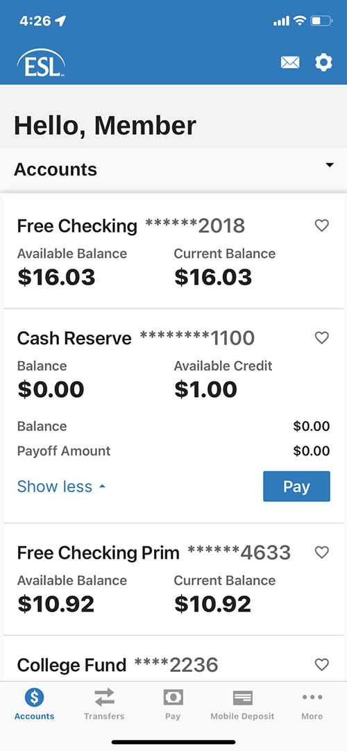 Screen shot of ESL Mobile Banking App account screen