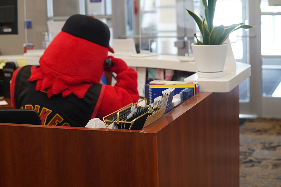 Red Wings mascot sitting at an office desk talking on the phone