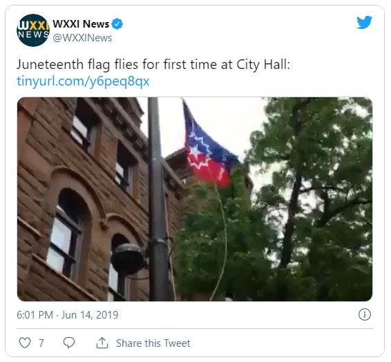 Tweet screenshot: Juneteenth flag flies for first time at City Hall via @WXXINews
