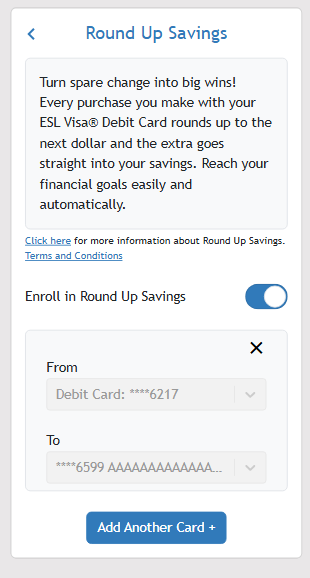 screen shot of the Round Up Savings screen in ESL Mobile Banking