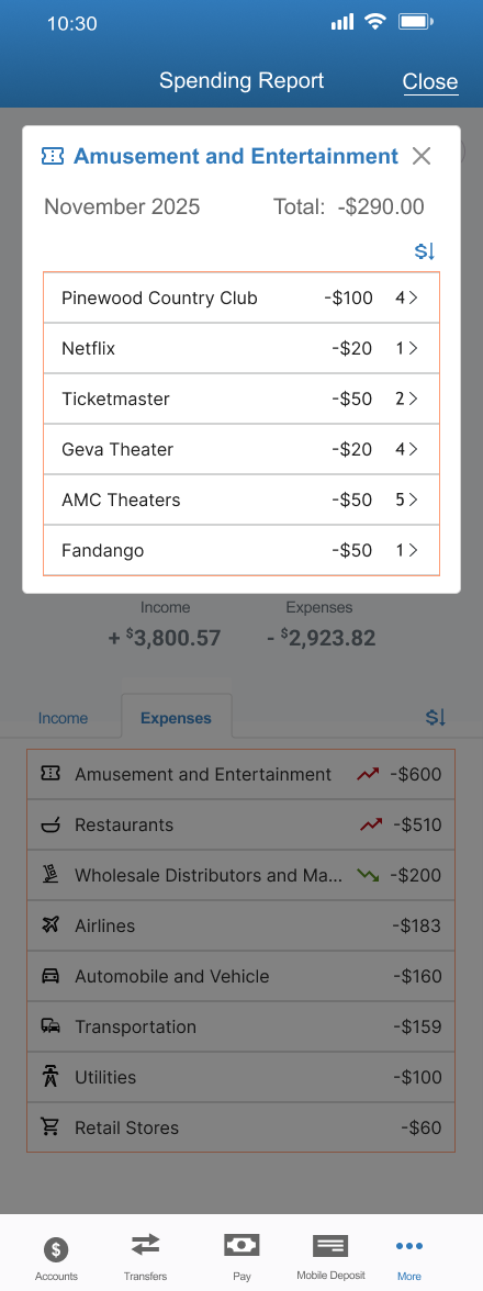 screen shot of spending trends by category report in ESL Mobile Banking