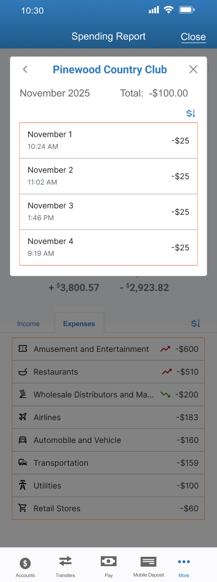 screen shot of spending trends by merchant report in ESL Mobile Banking