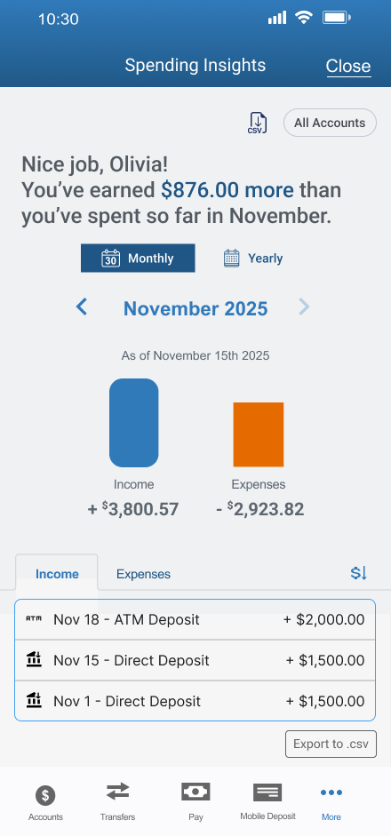 screen shot of monthly spending insights in ESL Mobile Banking