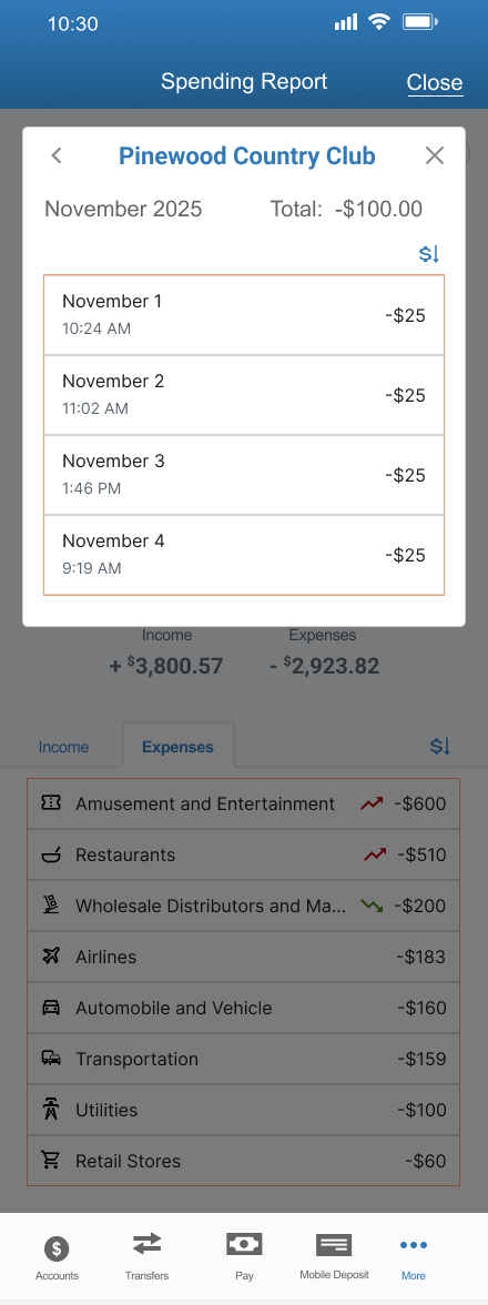 screen shot of spending trends by merchant report in ESL Mobile Banking