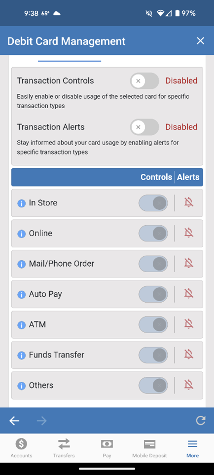 Screen shot of ESL mobile banking Debit Card Management Controls & Alerts Options screen