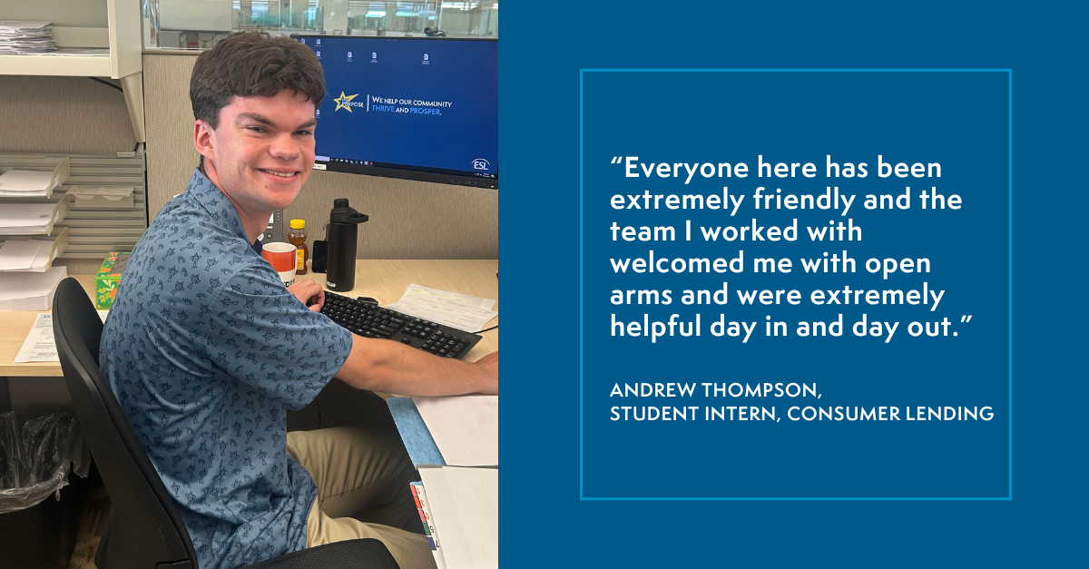 Photo of ESL summer intern Andrew Thompson at his desk with quote: Everyone here has been extremely friendly and the team I worked with welcomed me with open arms and were extremely helpful day in and day out.